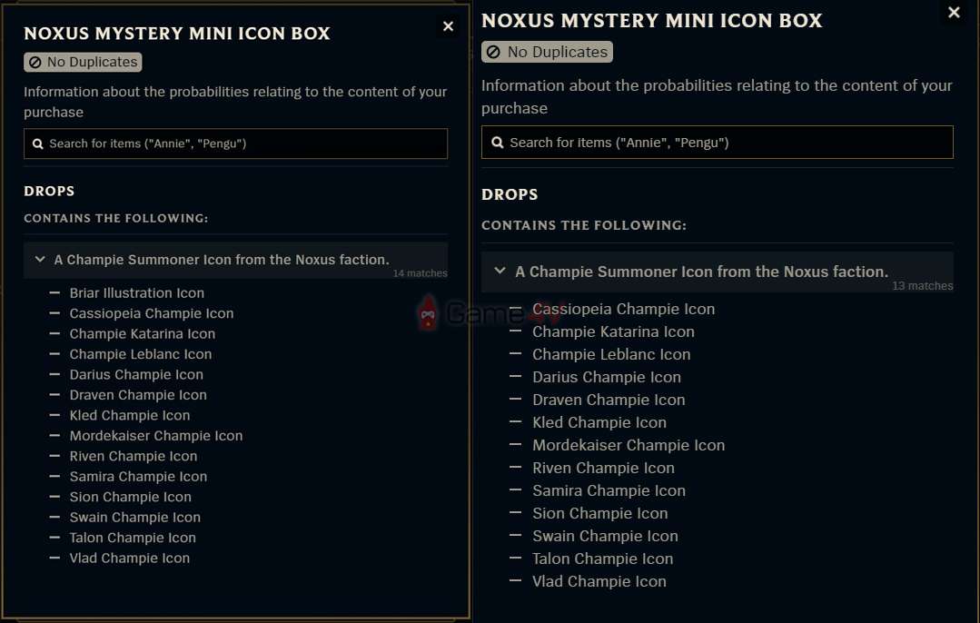 Danh sách vật phẩm của Hộp Biểu Tượng Tí Nị Kỳ Bí (Noxus) trước và sau khi được sửa.
