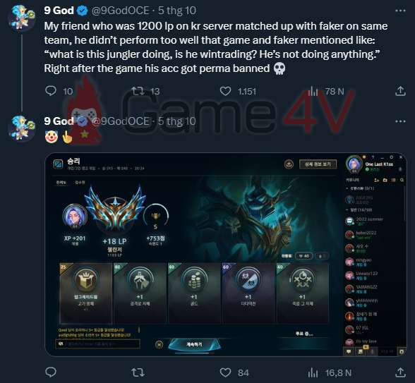 Một game thủ LMHT khác tiết lộ bạn của anh từng bị khóa tài khoản sau một trận đấu với Faker.