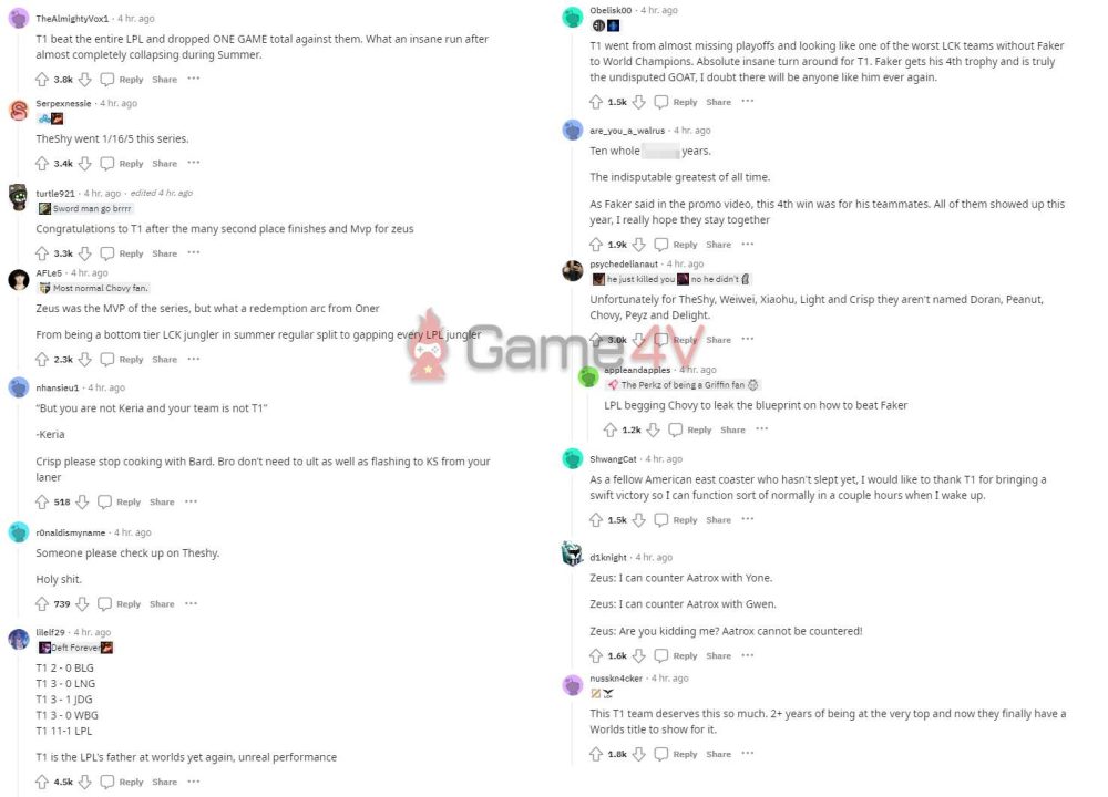 Nhiều fan để lại lời ca ngợi T1 và Faker.