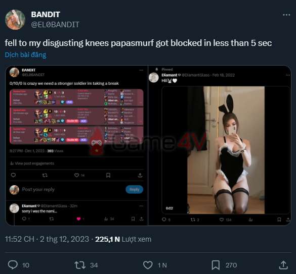 EL0BANDIT chụp lại bình luận của nữ game thủ kia cùng với hình ảnh sexy trên trang cá nhân của cô nàng.