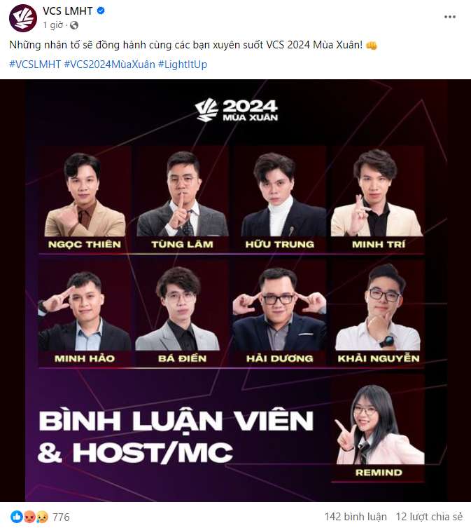 “Những nhân tố sẽ đồng hành cùng các bạn xuyên suốt VCS 2024 Mùa Xuân!” - fanpage VCS LMHT chia sẻ.