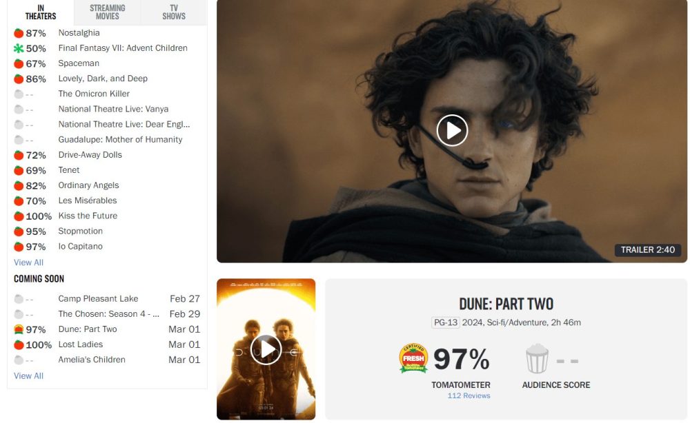 Dune: Part Two nhận về điểm số cao ngất ngưởng từ giới phê bình