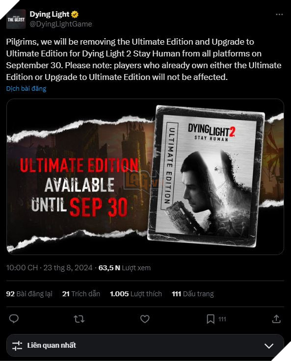 Dying Light 2: Ultimate Edition Được Lên Kế Hoạch Ngừng Bán Sau Công Bố Phần Game Mới
