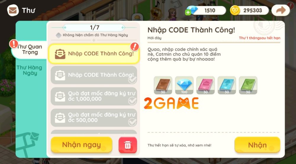 Người chơi sẽ nhận được thư khi nhập giftcode Hello Café VNG thành công