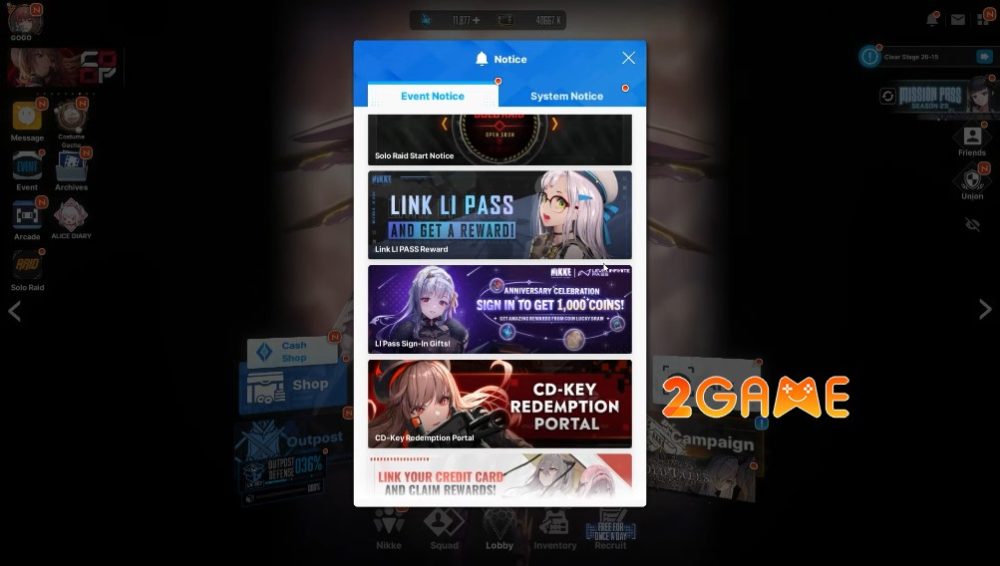 Chọn bảng Thông Báo CD-Key Redemption Portal để nhập các mã giftcode Nikke