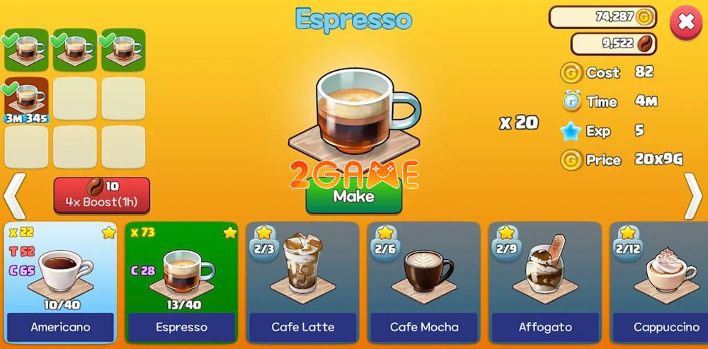 Các loại thức uống trong game Hello Coffee Shop