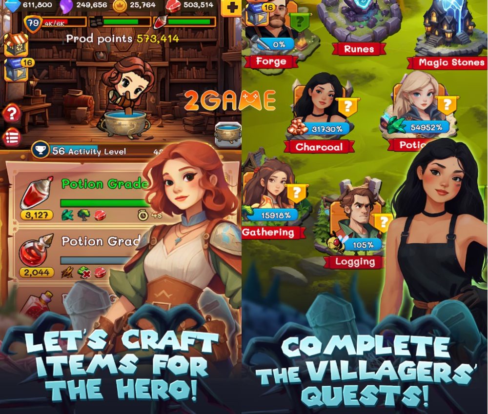 Đa dạng NPC để tương tác và chế tạo vật phẩm trong game IDLE Skull Hero
