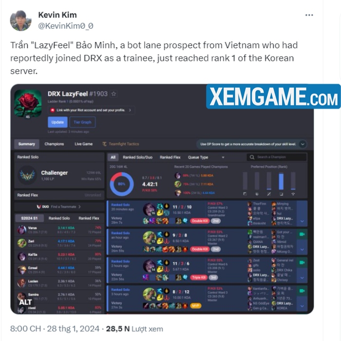 LMHT: LazyFeel chính thức được đôn lên DRX CL, fan Việt Nam tiếp tục mong chờ lazyfell top 1 thach dau han