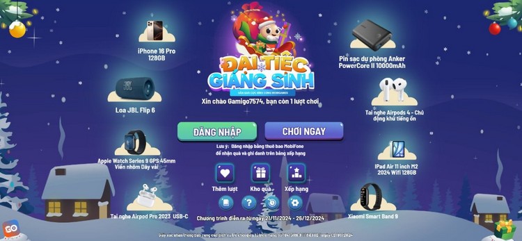 Đại tiệc Giáng Sinh: Săn quà cực đỉnh, cơ hội nhận quà SIÊU KHỦNG mobigame 2024 12 10 10 37 20