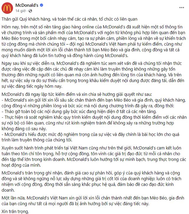 Quảng cáo "ăn theo" vụ việc của nam game thủ Mèo Béo, cửa hàng đồ ăn nhanh tự "đạp đổ" bát cơm - Ảnh 1.