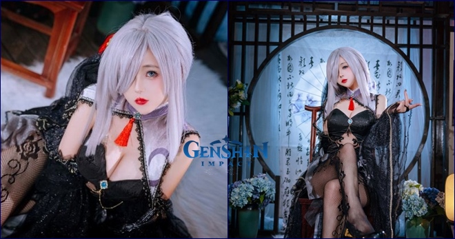 shenhe-genshin-impact-cosplay Rinaijiao hóa thân thành Shenhe trong Genshin Impact với phiên bản "Bóng đêm" quyến rũ shenhe genshin impact cosplay