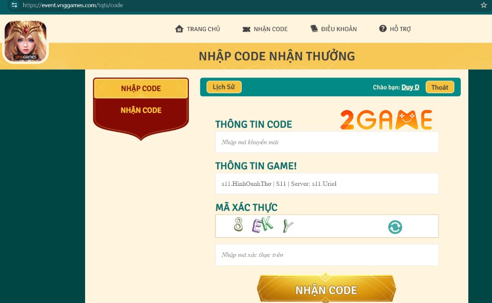 Nhập mã Giftcode Thánh Quang Thiên Sứ trên trang web chính thống của VNG