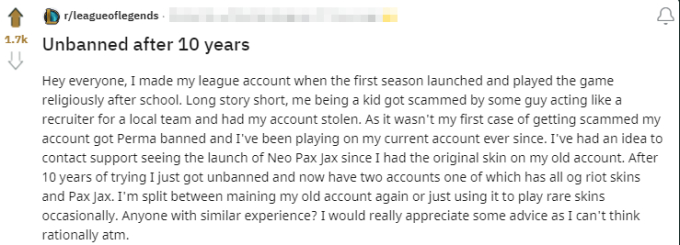 Bị cấm 10 năm, game thủ bối rối khi mãn án, nhờ cộng đồng mạng tư vấn - Ảnh 1. Bị cấm 10 năm, game thủ bối rối khi mãn án, nhờ cộng đồng mạng tư vấn - Ảnh 1.