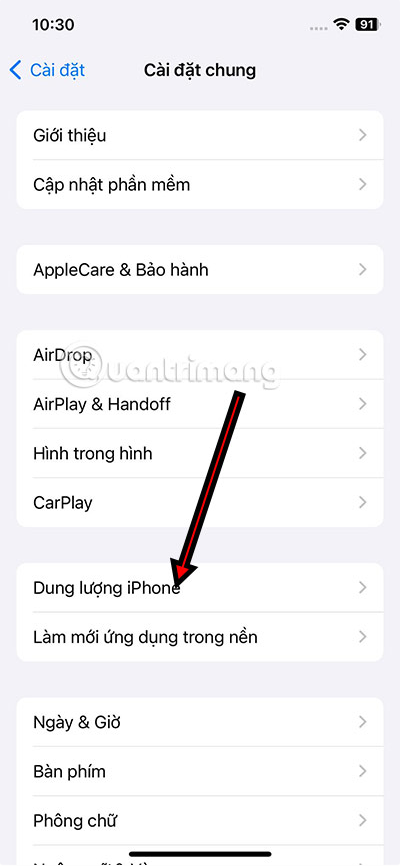 Bấm chọn Dung Lượng IPhone