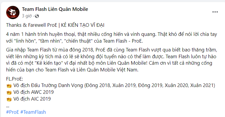 Liên Quân Mobile: ProE chính thức rời khỏi Team Flash khiến fan hâm mộ vô cùng bất ngờ screenshot20797