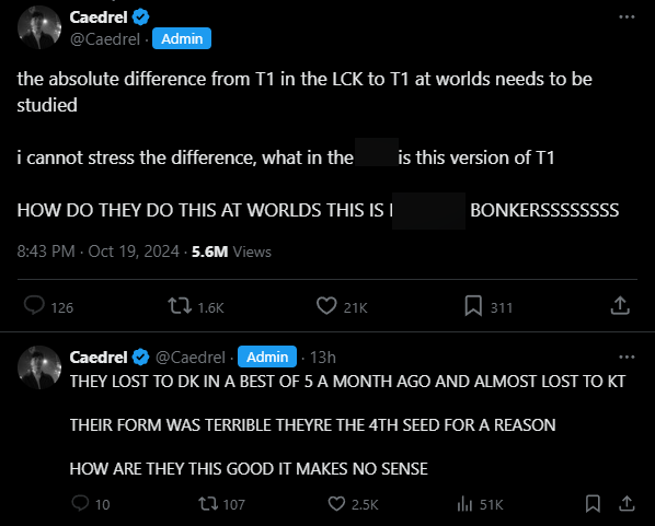 Caedrel cũng bày tỏ sự khó hiểu khi T1 thi đấu quá tốt tại CKTG dù trước đó đã có giai đoạn Mùa Hè cực kỳ tệ Caedrel cũng bày tỏ sự khó hiểu khi T1 thi đấu quá tốt tại CKTG dù trước đó đã có giai đoạn Mùa Hè cực kỳ tệ