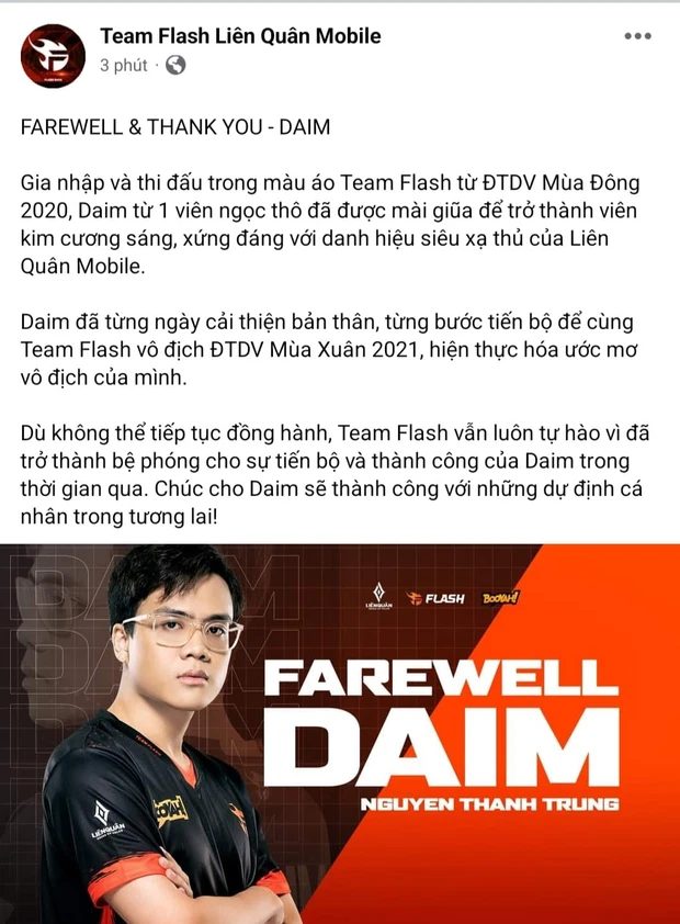 w11 Xạ thủ Daim chính thức rời khỏi Team Flash sau hàng loạt nghi vấn không được trọng dụng w11