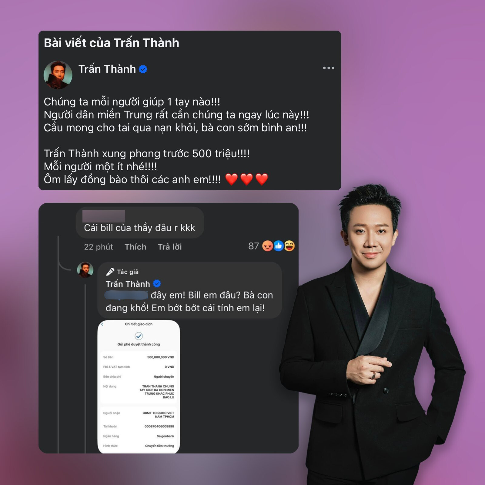 Bị mỉa mai hỏi bill từ thiện, Trấn Thành đáp trả gắt: