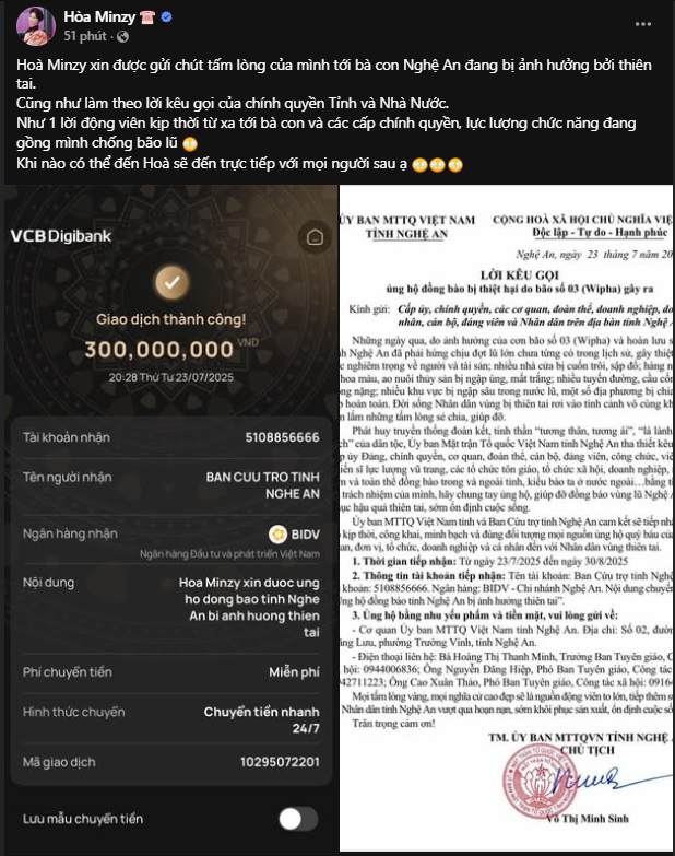 Hòa Minzy chuyển khoản 300 triệu đồng ủng hộ đồng bào Nghệ An chịu ảnh hưởng thiên tai- Ảnh 2.