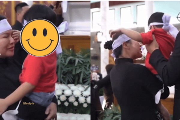 Hình ảnh con trai NSƯT Quý Bình lau nước mắt cho mẹ.