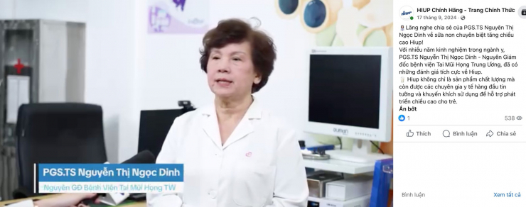 Trang Facebook HIUP vẫn sử dụng hình ảnh bác sĩ để quảng cáo sản phẩm.