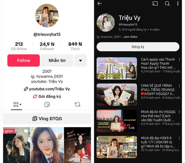 Nữ sinh đang tích cực chia sẻ bí kíp đạt HSK9 và đỗ Thanh Hoa trên kênh TikTok và Youtube cá nhân.