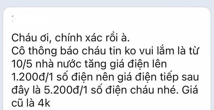 Tin nhắn chủ trọ gửi Thanh An khi điều chỉnh giá điện từ 4.000 đồng một kWh lên 5.200 đồng, áp dụng từ tháng 5/2025. Ảnh: Nhân vật cung cấp