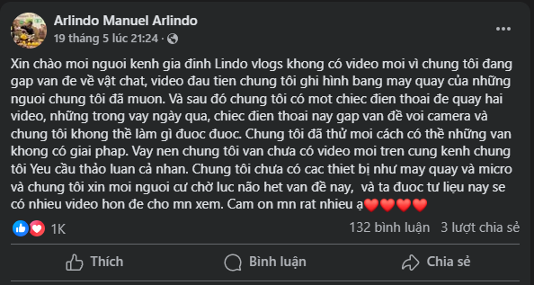 Lindo đã chia sẻ về tình trạng khó khăn khi không thể quay video thường xuyên. Ảnh chụp màn hình 