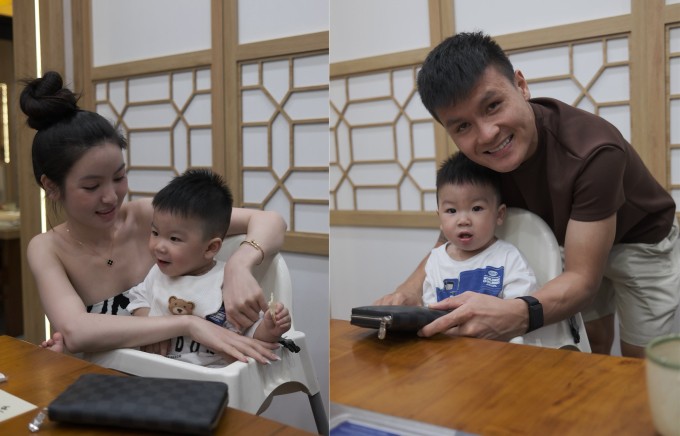 Vợ chồng Quang Hải chụp ảnh cùng con trai khi đi ăn nhà hàng tối 11/6. Ảnh: Facebook Chu Thanh Huyền