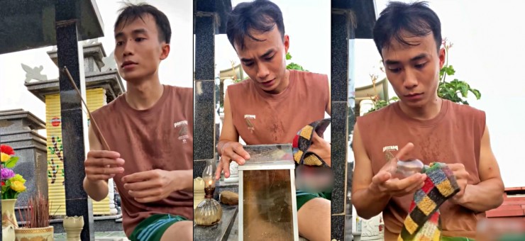 Nam thanh niên thắp hương, châm dầu cho đèn trên mộ phần. Ảnh: NVCC