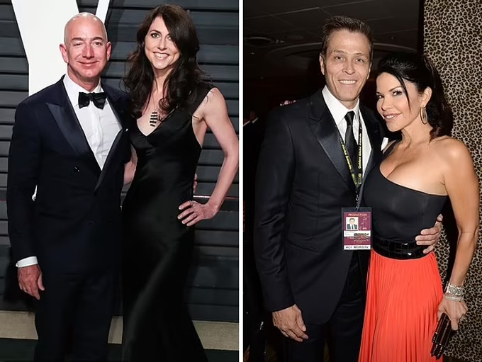 1750920891-sanchez-5-8604-4227-3766-width680height511 Jeff Bezos và vợ cũ MacKenzie Scott (trái). Bên phải là Lauren Sanchez và chồng cũ Patrick Whitesell. Ảnh: Film Magic