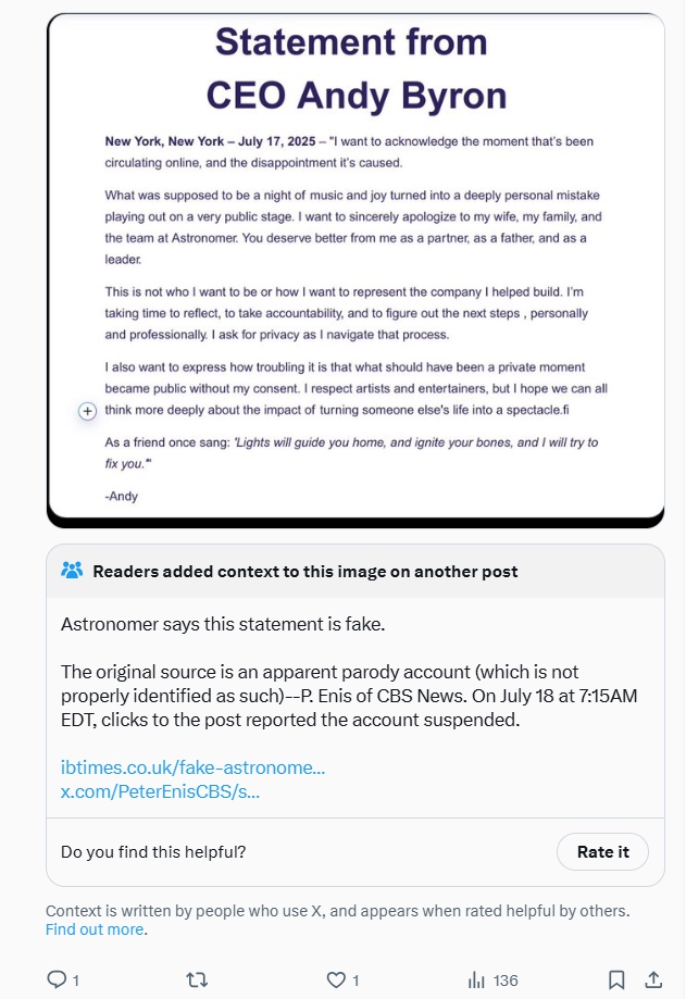 Tin giả tràn lan quanh scandal ngoại tình của CEO Astronomer: Hệ lụy của “kỷ nguyên content”- Ảnh 2. Tin giả tràn lan quanh scandal ngoại tình của CEO Astronomer: Hệ lụy của “kỷ nguyên content”- Ảnh 2.