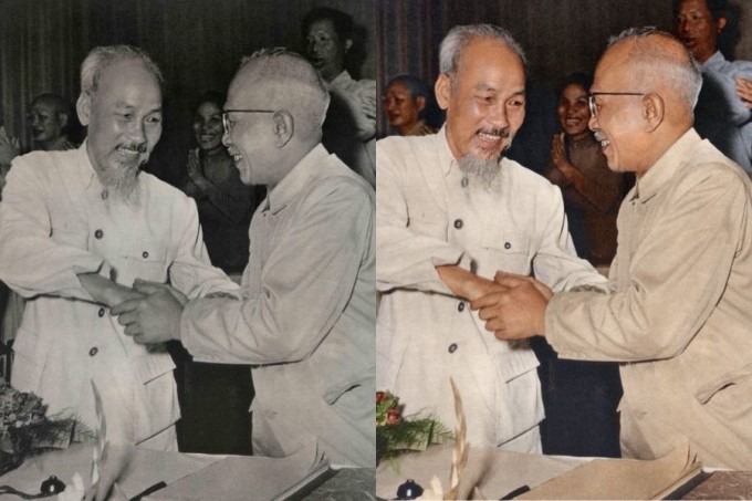 Chủ tịch Hồ Chí Minh chúc mừng đồng chí Tôn Đức Thắng được bầu làm Phó chủ tịch nước tại Kỳ họp thứ nhất, Quốc hội khóa II (tháng 7-1960) trước và sau khi phục dựng. Ảnh: NVCC