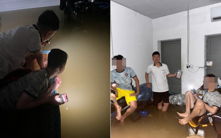 1759885149-anh-2-4151-width800height500 Dũng (áo trắng) và nhóm bạn thao thức vì nước ngập. Ảnh: NVCC