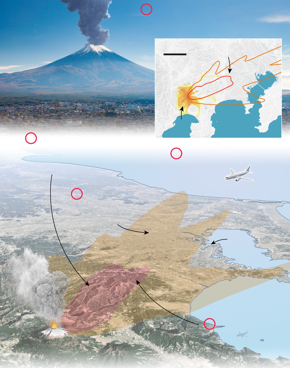 Nhật Bản sẽ hứng thiệt hại khủng khiếp nếu như núi lửa Phú Sĩ phun trào. Đồ hoạ: Daily Mail Nhật Bản sẽ hứng thiệt hại khủng khiếp nếu như núi lửa Phú Sĩ phun trào. Đồ hoạ: Daily Mail