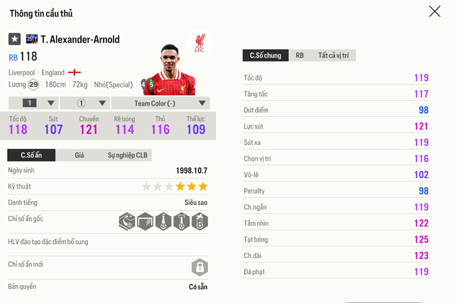 25ty-1-arnold Chỉ số thẻ Team Of The Tear 2025 FC Online trong bản cập nhật 18/1 25ty 1 arnold