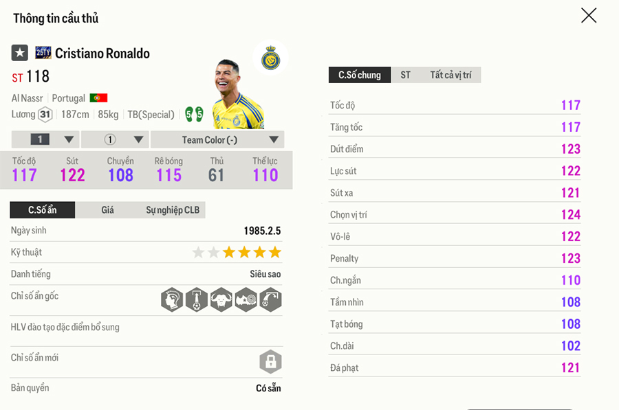 25ty-1-ronaldo Chỉ số thẻ Team Of The Tear 2025 FC Online trong bản cập nhật 18/1 25ty 1 ronaldo