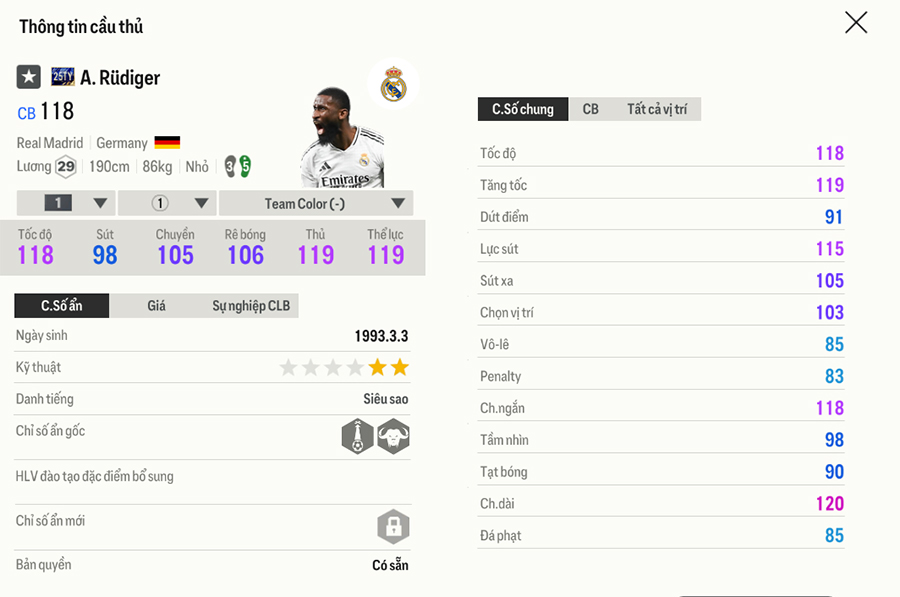 25ty-12-rudiger Chỉ số thẻ Team Of The Tear 2025 FC Online trong bản cập nhật 18/1 25ty 12 rudiger