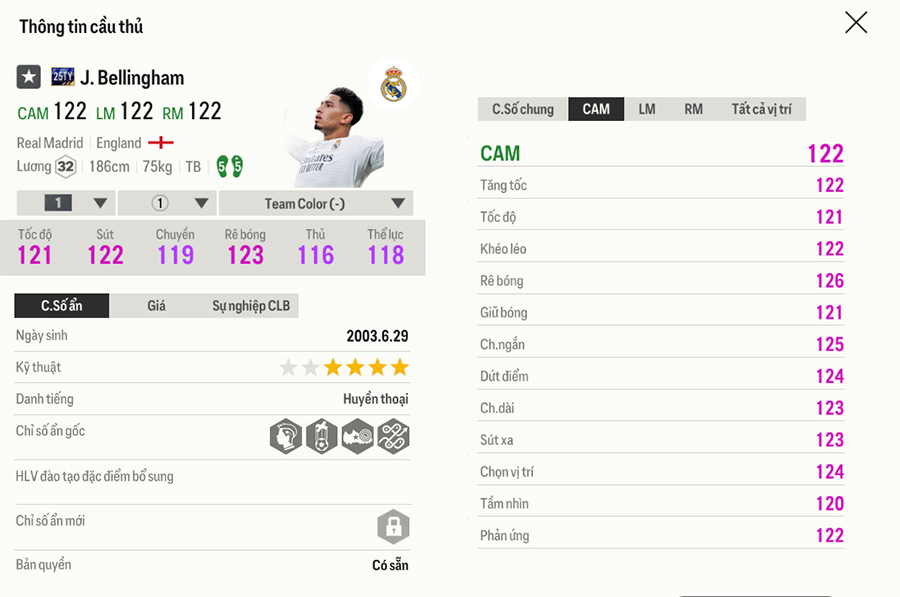 25ty-bellingham Chỉ số thẻ Team Of The Tear 2025 FC Online trong bản cập nhật 18/1 25ty bellingham