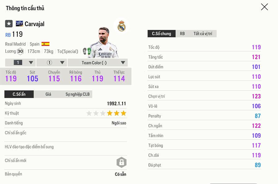 25ty-carvajal Chỉ số thẻ Team Of The Tear 2025 FC Online trong bản cập nhật 18/1 25ty carvajal