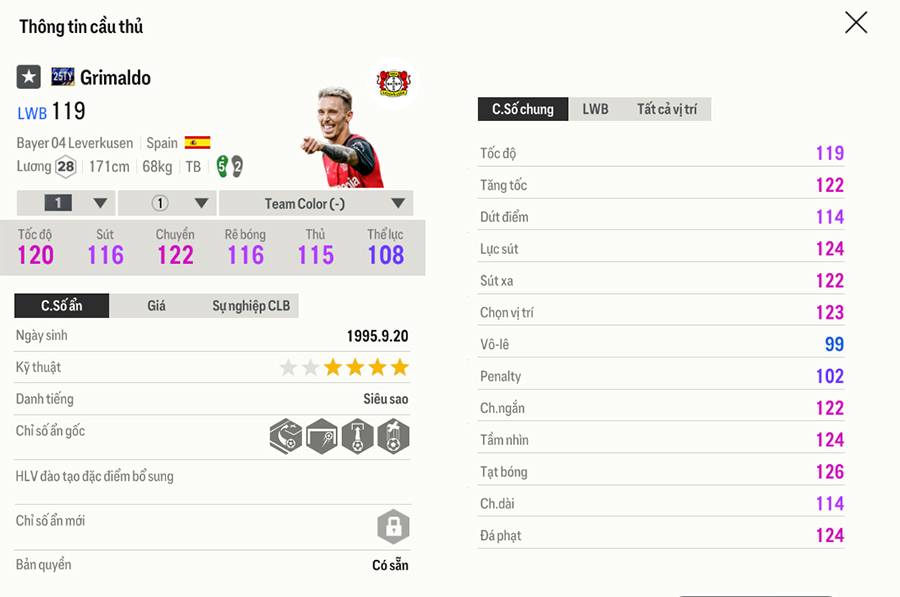 25ty-grimaldo Chỉ số thẻ Team Of The Tear 2025 FC Online trong bản cập nhật 18/1 25ty grimaldo