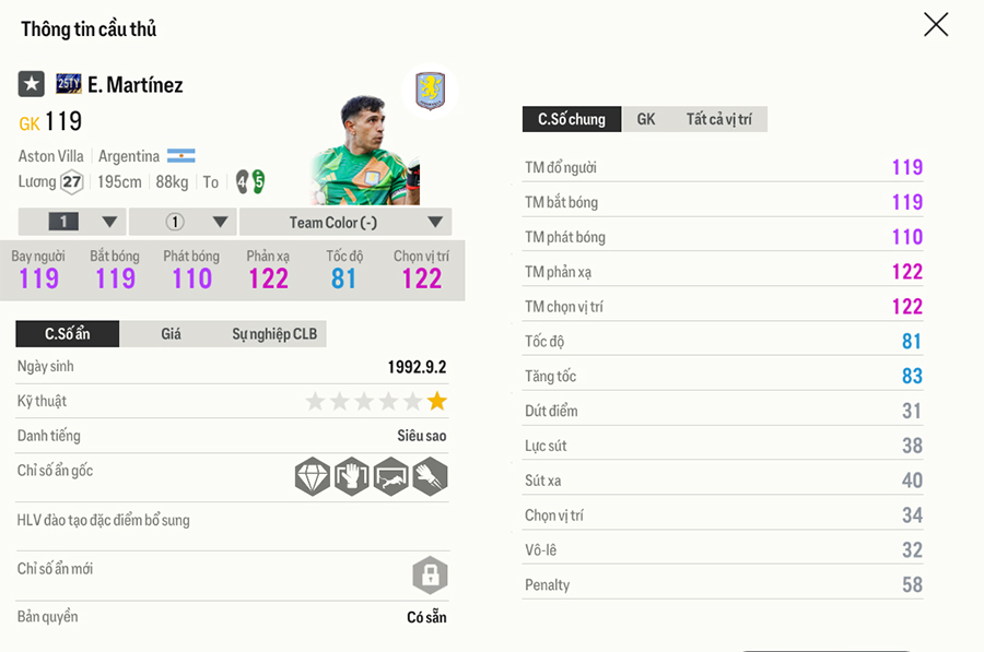 25ty-martinez Chỉ số thẻ Team Of The Tear 2025 FC Online trong bản cập nhật 18/1 25ty martinez