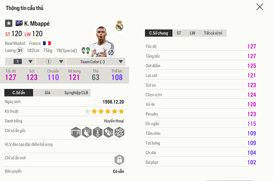 25ty-mbappe Chỉ số thẻ Team Of The Tear 2025 FC Online trong bản cập nhật 18/1 25ty mbappe