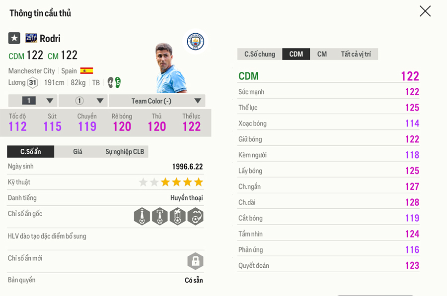 25ty-rodri Chỉ số thẻ Team Of The Tear 2025 FC Online trong bản cập nhật 18/1 25ty rodri