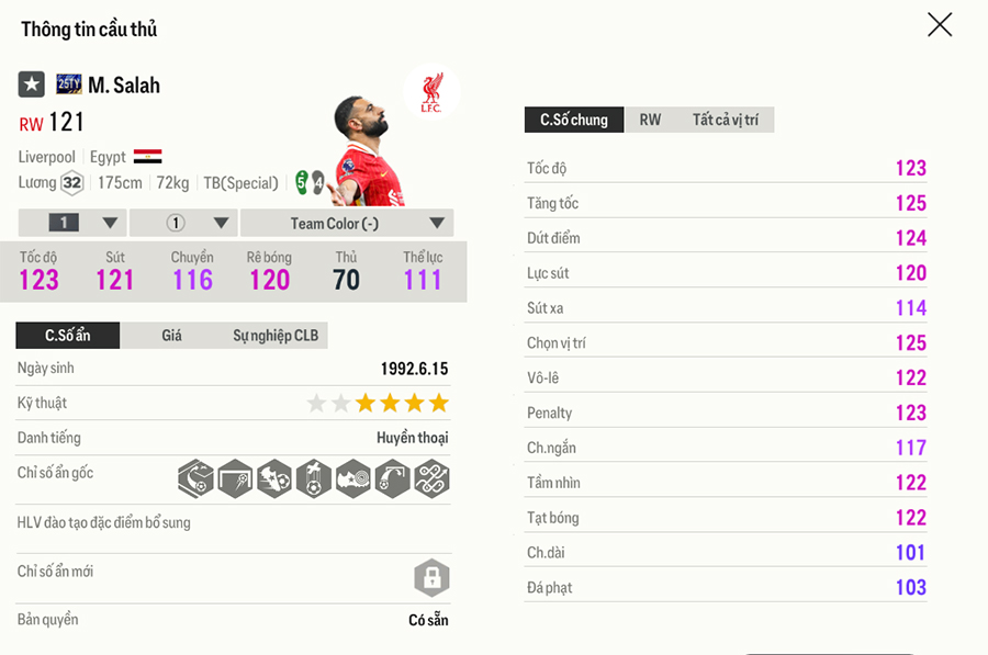 25ty-salah Chỉ số thẻ Team Of The Tear 2025 FC Online trong bản cập nhật 18/1 25ty salah