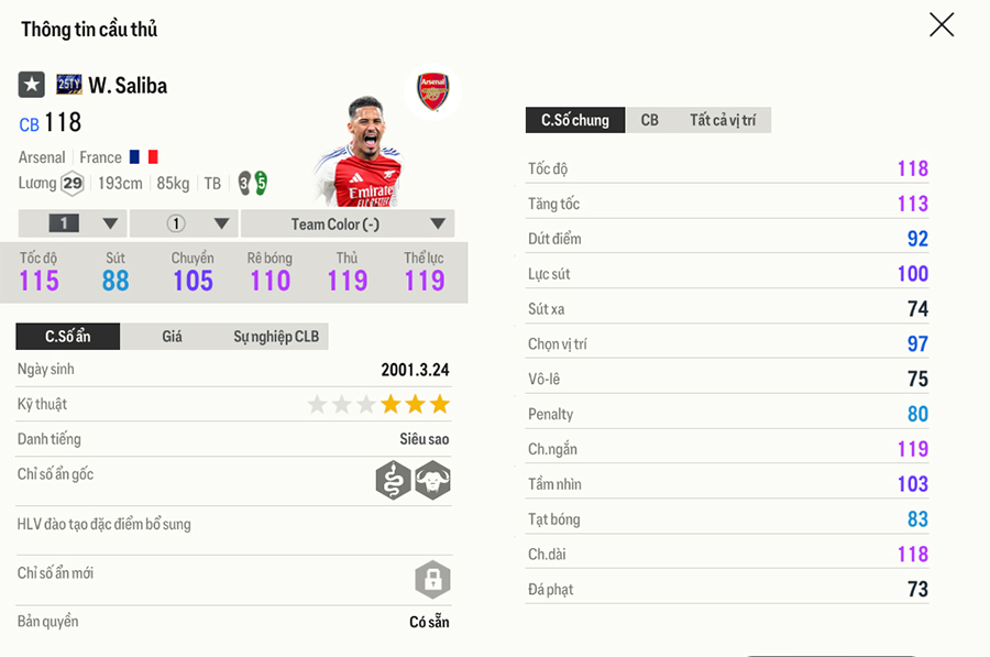 25ty-saliba Chỉ số thẻ Team Of The Tear 2025 FC Online trong bản cập nhật 18/1 25ty saliba