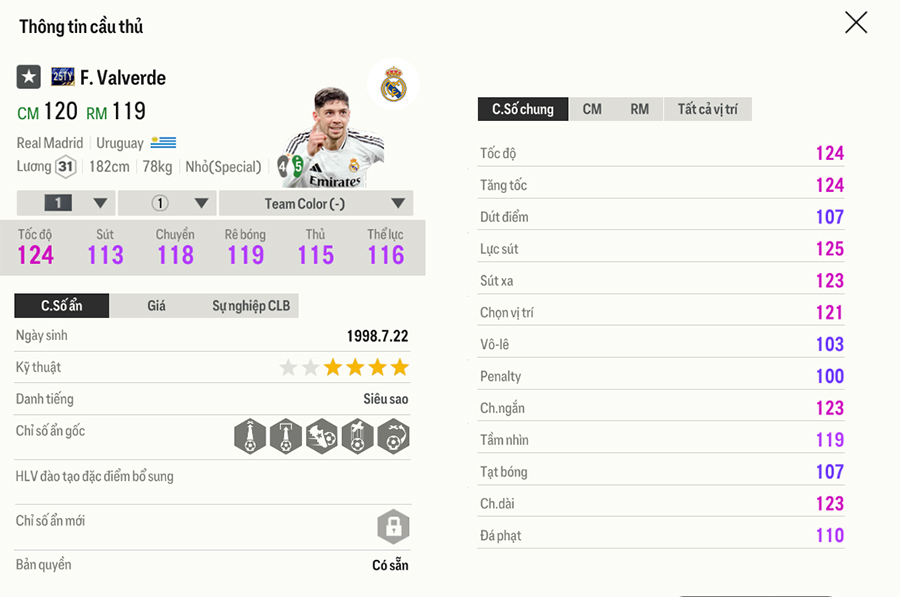 25ty-valveder Chỉ số thẻ Team Of The Tear 2025 FC Online trong bản cập nhật 18/1 25ty valveder