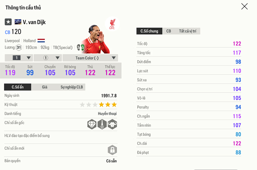 25ty-van-dijk Chỉ số thẻ Team Of The Tear 2025 FC Online trong bản cập nhật 18/1 25ty van dijk