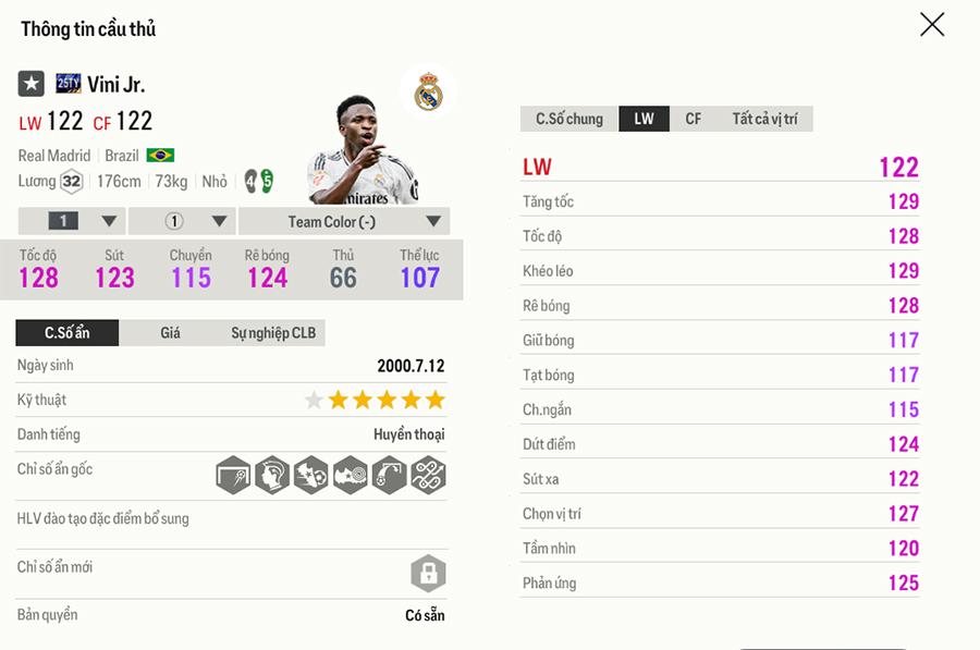 25ty-vini Chỉ số thẻ Team Of The Tear 2025 FC Online trong bản cập nhật 18/1 25ty vini