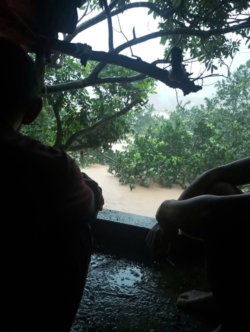 Bố mẹ và chồng chị Huệ đang ngồi trên mái nhà hàng xóm, không mang theo được bất cứ vật dụng nào.